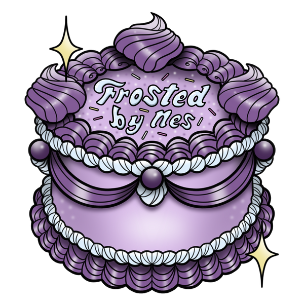 Frosted By Nes Logo, which is a hand-drawn illustration of a custom purple and white lambeth cake.